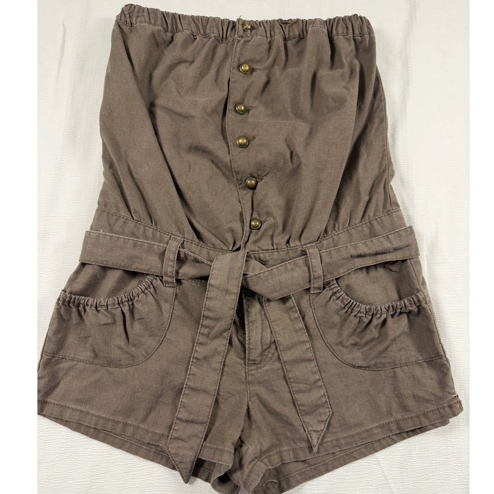 Grane Brown Linen Blend Strapless Button Front Belted Romper Womens Medium